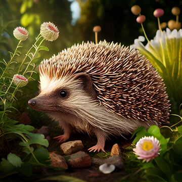 hedgehog in a blooming spring green garden