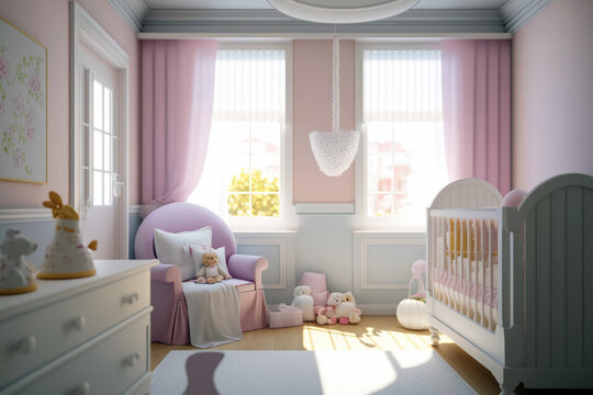 Baby room with a window interior. Baby crib drawers and chair in pastel colors, Generative AI