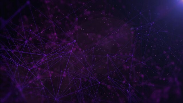 Technology digital purple low poly connection flowing wave with glow lens flare futuristic structure. Big data visualization seamless loop 4K motion background.