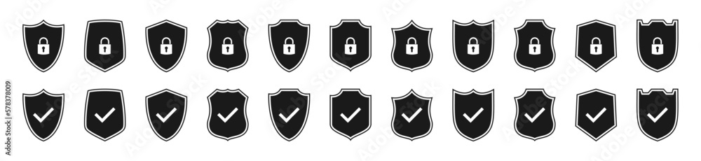 Poster antivirus security shield icons with lock and check mark. set of protection shields of digital secur