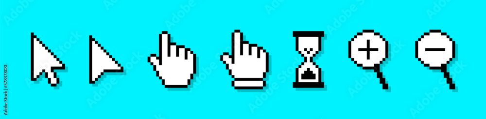Aufkleber Pixel cursor or computer mouse pointer icons set. Pixel art cursors - arrows, hand click pointers, magnifier and hourglass. Pixelated computer mouse icons in 8 bit style. Vector.