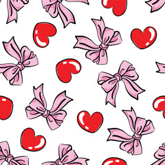 simple seamless pattern, pink ribbon and red heart  for fashion textile or wallpaper background, vector illustration - 578378020