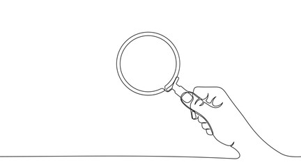 One continuous line illustration of hand holding magnifying glass. Continuous line drawing of magnifying glass lens in hand. Vector illustration.