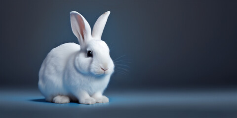 Cute little white bunny on dark grey background. AI generated.