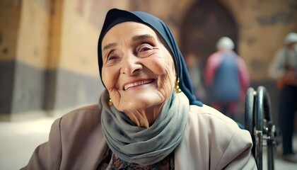 Naklejka premium old muslim women using wheelchair praying in mosque, Generative AI