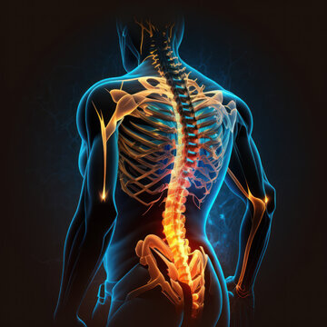 illustration d'un squelette d'homme qui a mal au dos, fond sombre