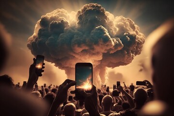 The end of the world, nuclear explosion cloud, crowd using many mobiles phones taking photos, AI generated. An ironic look at modern society.