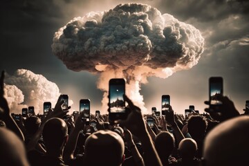 The end of the world, nuclear explosion cloud, crowd using many mobiles phones taking photos, AI generated. An ironic look at modern society. - obrazy, fototapety, plakaty