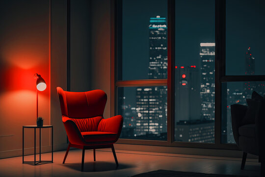 Cozy Red Chair Besides a Big Window in Home Minimalist Interior at Night. Generative AI