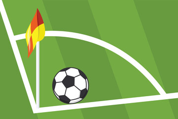 Obraz premium Corner kick ball design in flat style. vector flag and ball on the field
