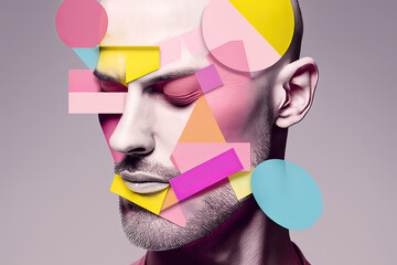 Portrait of stylish bald man over pink background with geometrical shapes on face. Generative AI