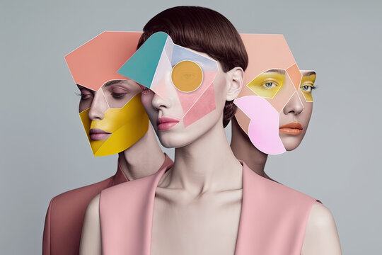 Portrait of stylish women over pink background with geometrical shapes on face. Generative AI