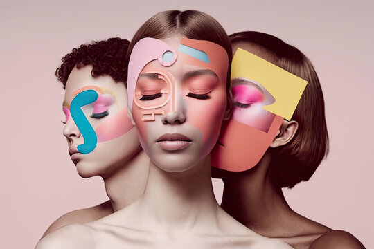 Portrait of stylish women over pink background with geometrical shapes on face. Generative AI