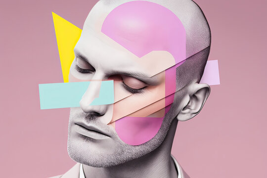 Portrait of stylish bald man over pink background with geometrical shapes on face. Generative AI