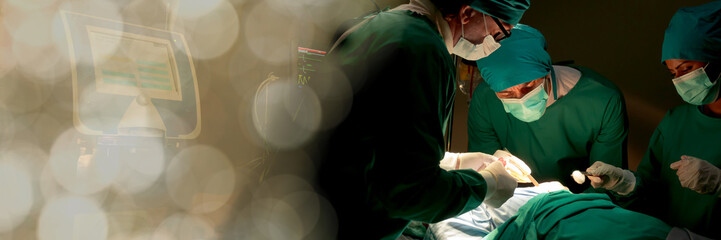 Web banner Team doctors in operating room dressed green uniform saving live critically patient undergoing heart surgery for heart patients standardized surgical tool life-saving tool such heart pump