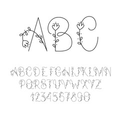 Cute Floral Line Alphabet. Flower Letters and Numbers. English Decorative Font.