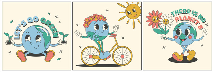 Y2k groovy earth day cartoon poster card set. Environmental protection. Save green planet and ecology concept.