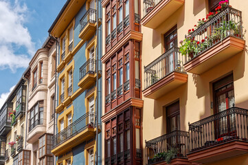 Fototapeta na wymiar Buildings in Plaza Unamuno, Unamuno Square, the center of Casco Viejo, the Old Town of Bilbao