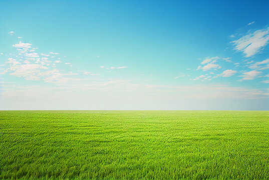 Flat green grass field with blue sky above simple background, generative AI digital art.