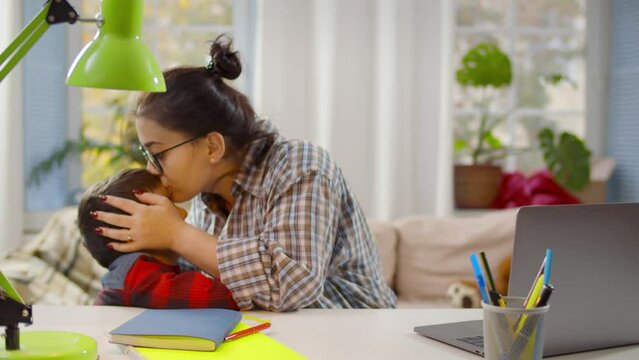 Mother touch son checking temperature. Realtime