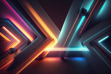 Generative AI illustration of geometric figures illuminated by colorful lights