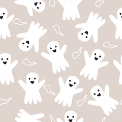 Seamless Halloween pattern with little ghost and abstract on brown background