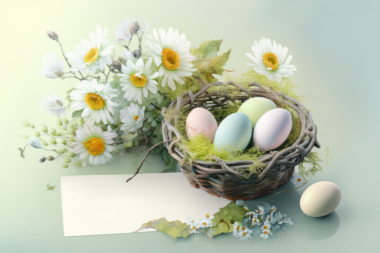 Colored easter eggs in wicker nest, white chamomile flowers and blank card on green background. Happy Easter wallpaper in pastel color. Generative ai illustration in watercolor style