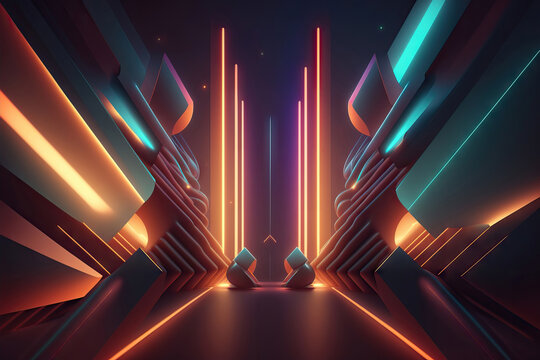 Generative AI illustration of futuristic corridor with glowing neon lines