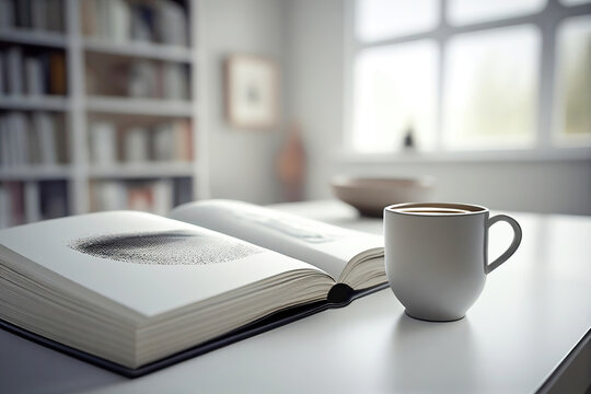 Open book on a white table next to a cup of coffee. Generative AI