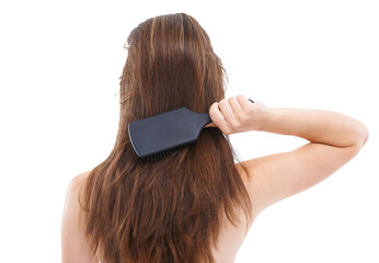 A rear view of a woman brushing her hair to detangle it, while using salon products to promote healthy and shiny hair isolated on a png background.