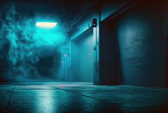 Generative AI illustration of empty dark hall with neon illumination