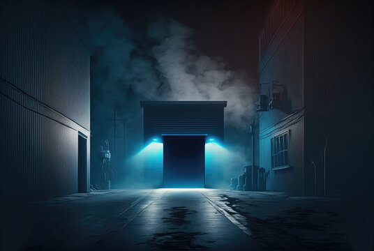 Generative AI illustration of empty dark hall with neon illumination