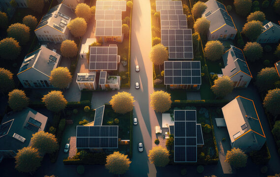 Generative AI illustration of eco friendly neighborhood with solar panels