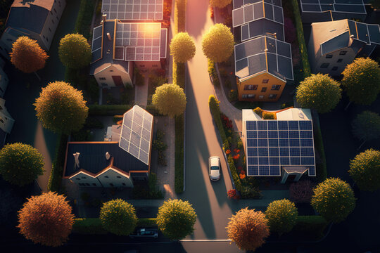 Generative AI illustration of eco friendly neighborhood with solar panels