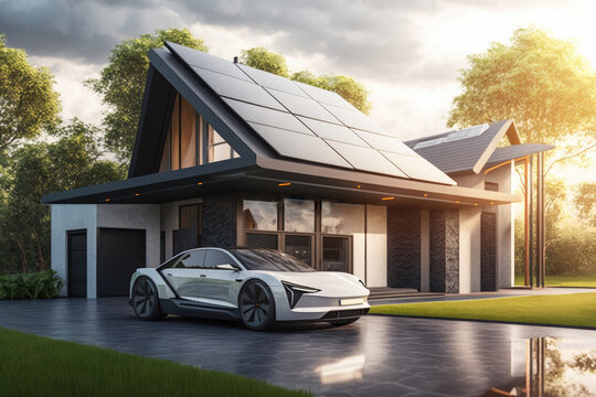 Generative AI illustration of modern car parked near house with solar panels