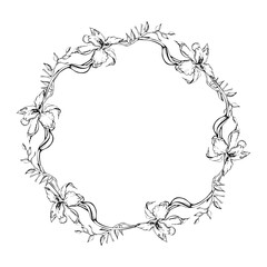 Hand drawn vector ink orchid flowers and branches, monochrome, detailed outline. Circle wreath composition. Isolated on white background. Design for wall art, wedding, print, tattoo, cover, card.