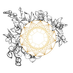 Hand drawn vector ink orchid flowers and branches, monochrome, detailed outline. Composition with crystal form. Isolated on white background. Design for wall art, wedding, print, tattoo, cover, card.