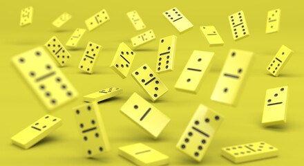 yellow domino, falling domino pieces, domino game, casino game casino pieces, gaming background (3d illustration)