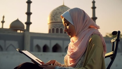 muslim women using wheelchair praying in mosque, Generative AI