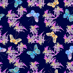Fototapeta na wymiar Fern with butterfly insects seamless pattern.