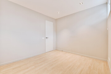 Interior design of empty spacious room with minimalist style in modern apartment with gray walls and parquet floor near door