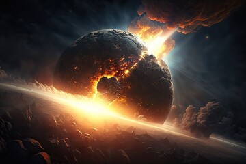 Illustration of an asteroid colliding with a Planet - Created with generative ai