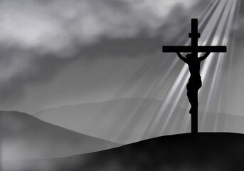 Dessin en silhouette de Jésus crucifié, sur fond nuageux avec des rayons lumineux. Illustration en noir et blanc. Sans texte.