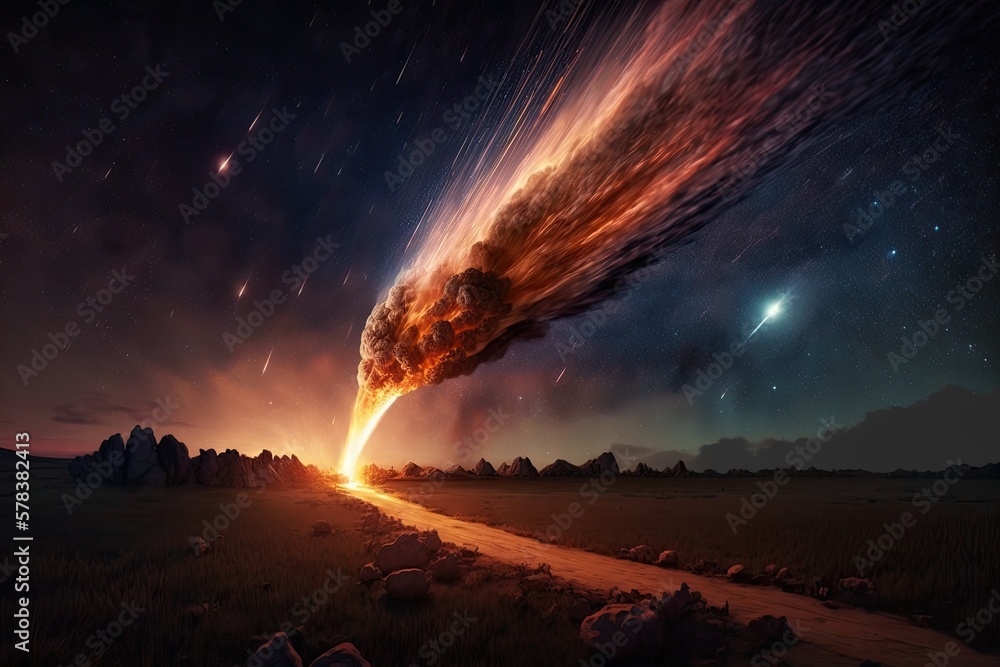 Wall mural set of illustrations of a landscape with asteriods, comets and shooting stars - created with generat