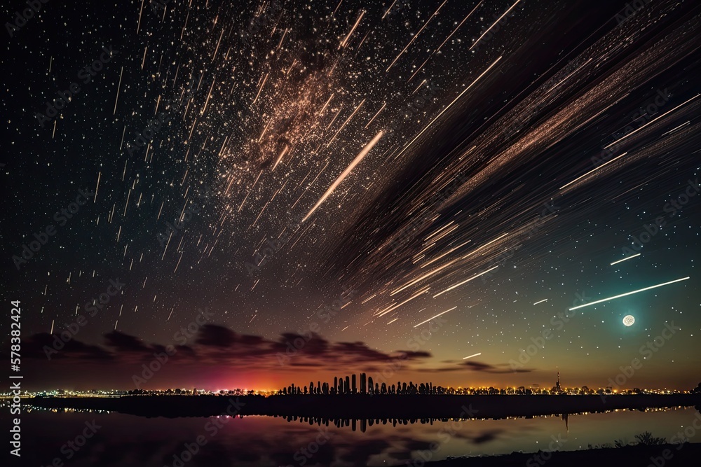 Wall mural set of illustrations of a landscape with asteriods, comets and shooting stars - created with generat