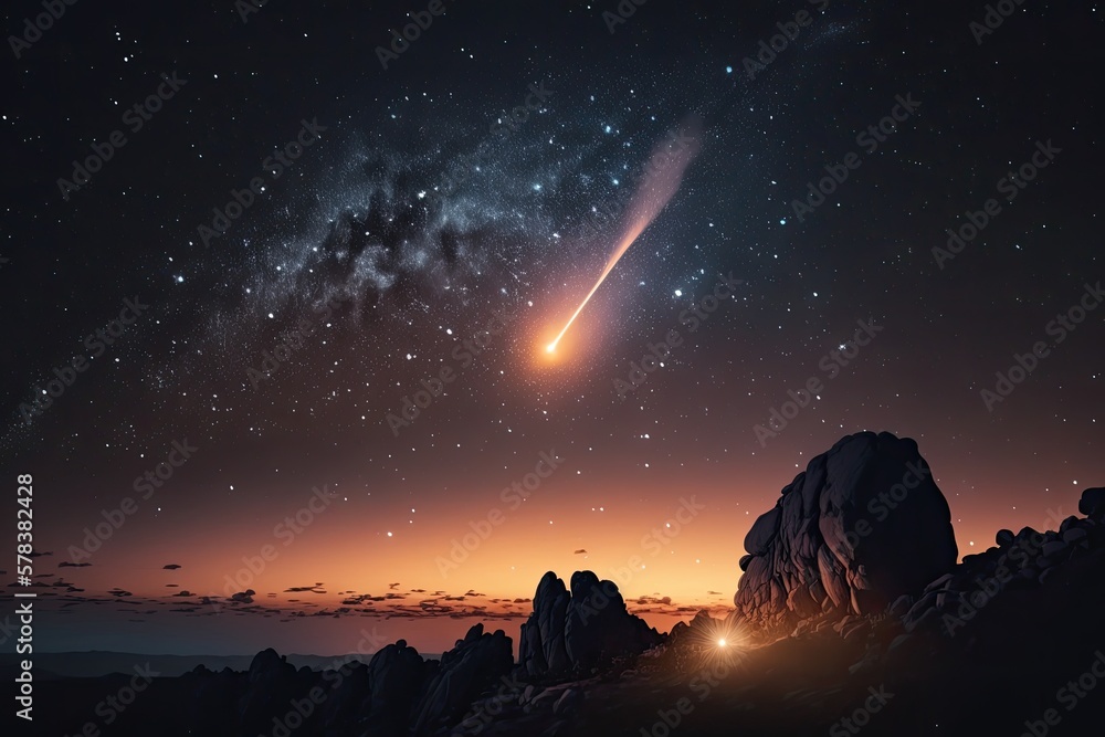 Wall mural set of illustrations of a landscape with asteriods, comets and shooting stars - created with generat