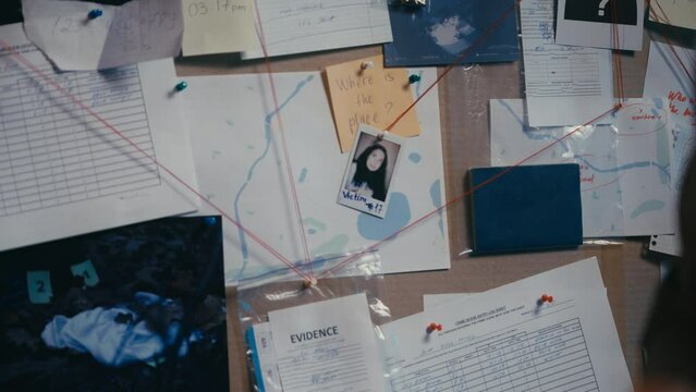 Photo of young female victim on evidence board, kidnapping crime investigation