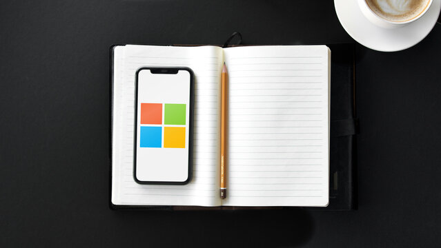 Mobile phone with the Microsoft Logo on the screen