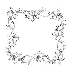 Hand drawn vector ink orchid flowers and branches, monochrome, detailed outline. Horizontal frame composition. Isolated on white background. Design for wall art, wedding, print, tattoo, cover, card.