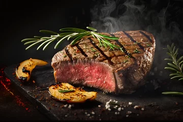 Foto op Canvas Entrecote Beef Steak cooking on open gril with Rosemary Salt and Pepper. Generative AI © Michael